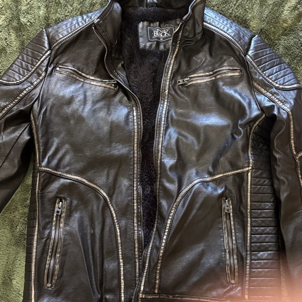 Buckle Dark faux Leather Jacket with Quilted Accents